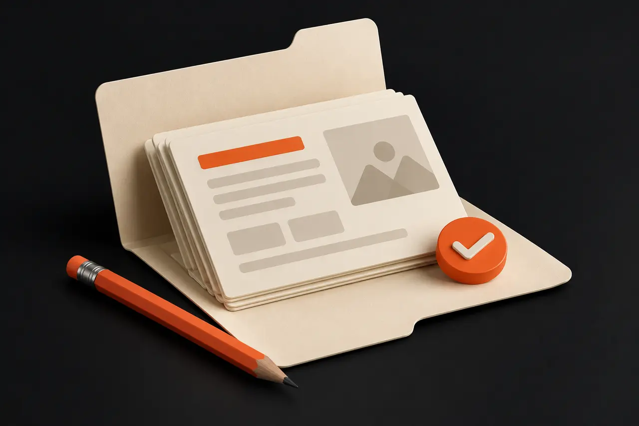 Illustration of website content cards, a folder, a pencil, and an approval check