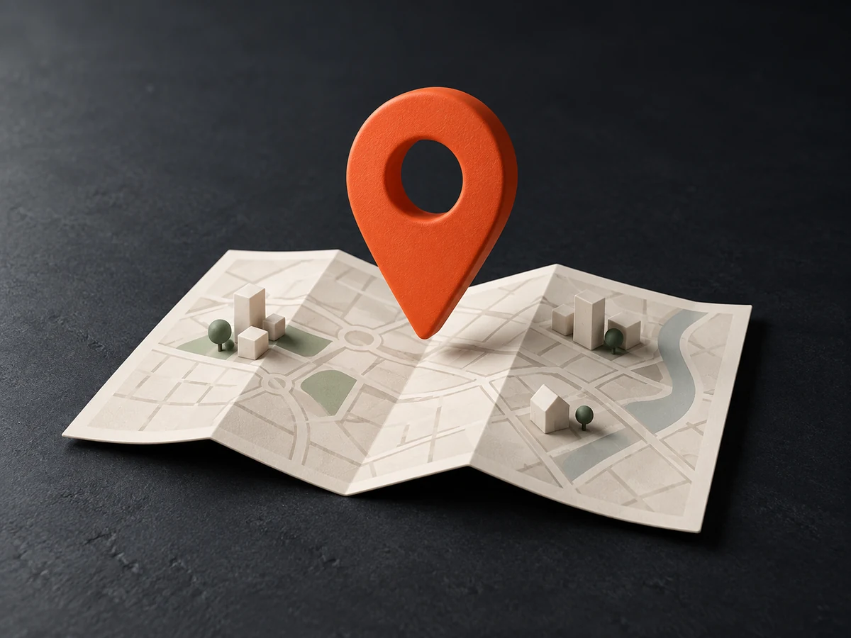 Orange location marker over a neighborhood map