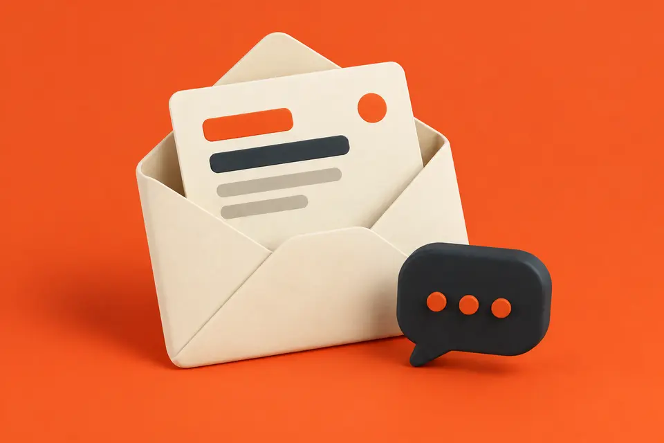 Illustration of an open cream envelope with a note and a charcoal speech bubble