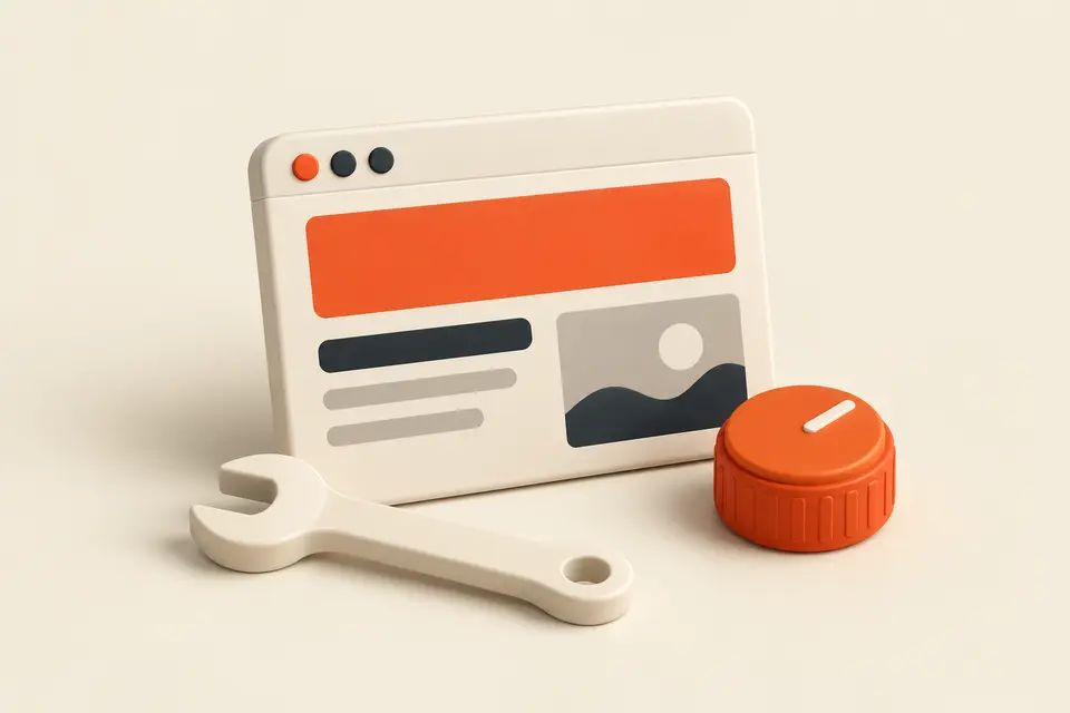 Illustration of a website page with an orange adjustment knob and a cream wrench